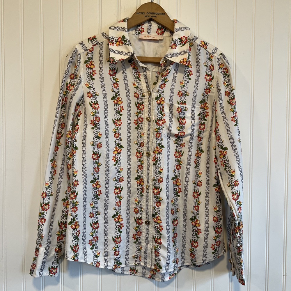 Tory Burch Printed Bridgette Gemini‎ Link Rose Blouse Silk Sz 4